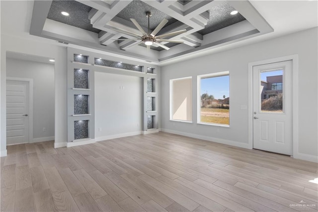 unfurnished living room featuring light hardwood / wood-style floors, ceiling fan, and coffered ceiling