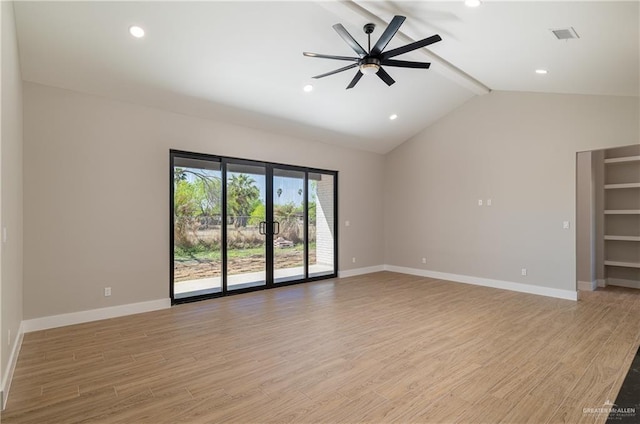 unfurnished living room featuring vaulted ceiling with beams, baseboards, and light wood-type flooring