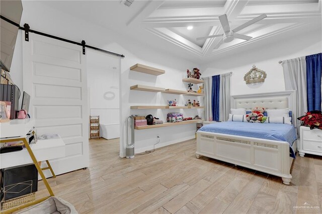 1320 S Cesar Chavez Rd, Edinburg, TX 78542 - bedroom with a barn door, coffered ceiling, beamed ceiling, light wood-type flooring, and crown molding