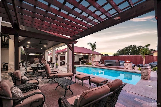 1320 S Cesar Chavez Rd, Edinburg, TX 78542 - pool at dusk with a hot tub, a pergola, a grill, a patio area, and outdoor dining space
