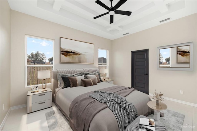 bedroom with ceiling fan, a tray ceiling, and coffered ceiling