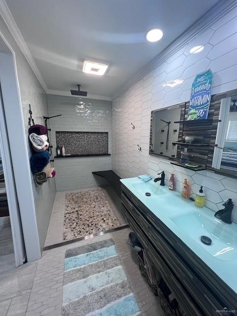 bathroom featuring a shower, decorative backsplash, vanity, and crown molding