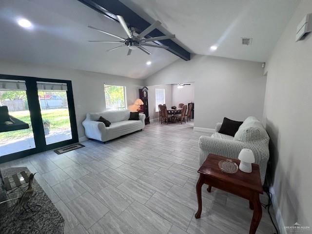 living room featuring vaulted ceiling with beams and ceiling fan