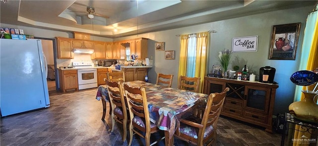 117 N Jo Beth St, Alton, TX 78573 - dining room featuring a tray ceiling, a ceiling fan, and stone finish flooring