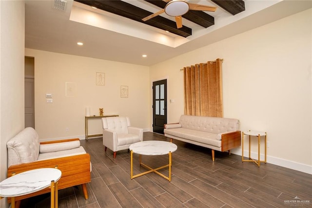 living room with dark hardwood / wood-style floors and ceiling fan