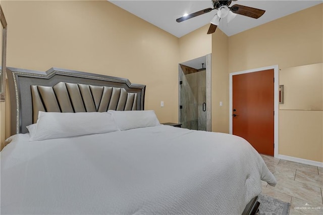 bedroom featuring ceiling fan and high vaulted ceiling