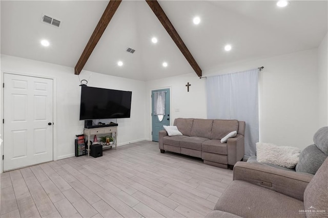 living area featuring light wood-type flooring, visible vents, lofted ceiling with beams, and recessed lighting