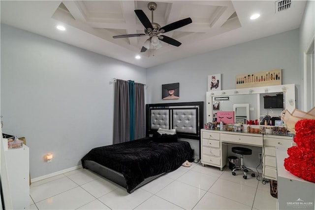 3525 Rancho Del Rey St, Edinburg, TX 78542 - bedroom with recessed lighting, tile patterned floors, visible vents, and coffered ceiling