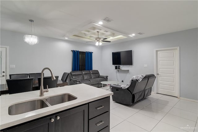3525 Rancho Del Rey St, Edinburg, TX 78542 - kitchen with recessed lighting, visible vents, ceiling fan with notable chandelier, a sink, and hanging light fixtures