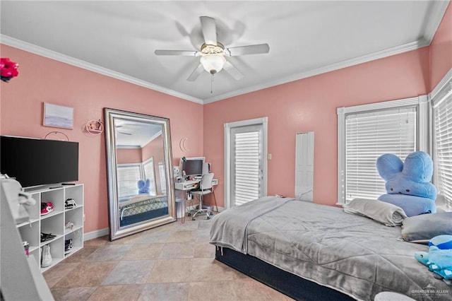 bedroom featuring ceiling fan and crown molding