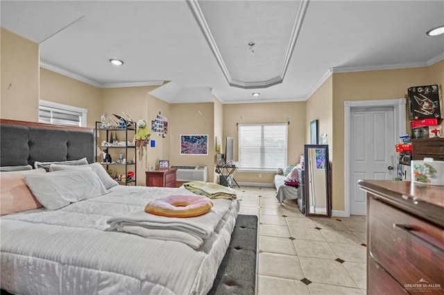 bedroom featuring light tile patterned flooring, crown molding, and a wall mounted AC