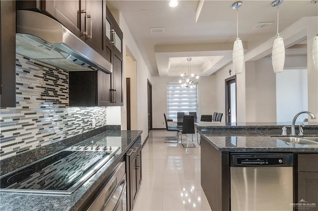 kitchen featuring dishwasher, a raised ceiling, sink, black cooktop, and dark brown cabinetry