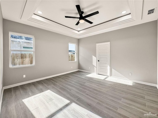 unfurnished room featuring hardwood / wood-style floors, a raised ceiling, and ceiling fan