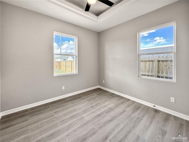 unfurnished room featuring light hardwood / wood-style flooring, ceiling fan, and a tray ceiling