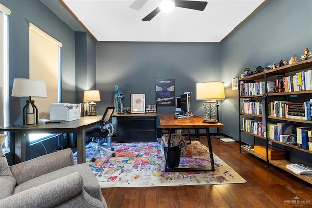 office space with dark hardwood / wood-style floors and ceiling fan