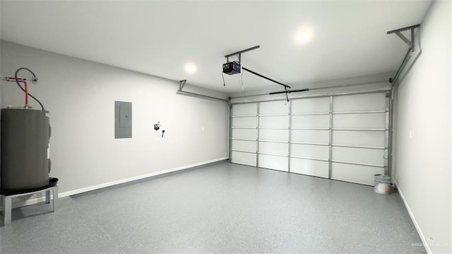 garage with electric panel, a garage door opener, and electric water heater