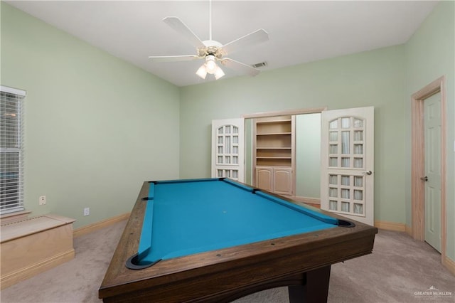 recreation room with light colored carpet, ceiling fan, and pool table