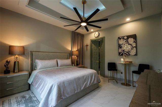 2511 Wisteria St, Mission, TX 78574 - bedroom with a raised ceiling, recessed lighting, light marble finish flooring, and a ceiling fan