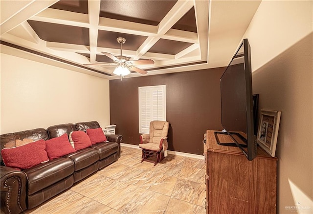 living room with beam ceiling, ceiling fan, and coffered ceiling