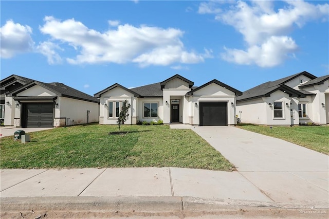 341 Leon Ave, Elsa, TX 78543 - modern farmhouse style home featuring a garage, driveway, a front lawn, and stucco siding