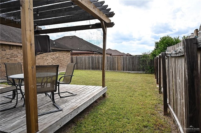 wooden terrace with a pergola and a lawn