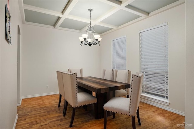 dining room featuring beamed ceiling, coffered ceiling, a chandelier, and hardwood / wood-style floors