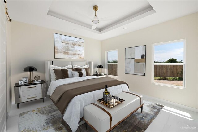 bedroom featuring baseboards and a tray ceiling