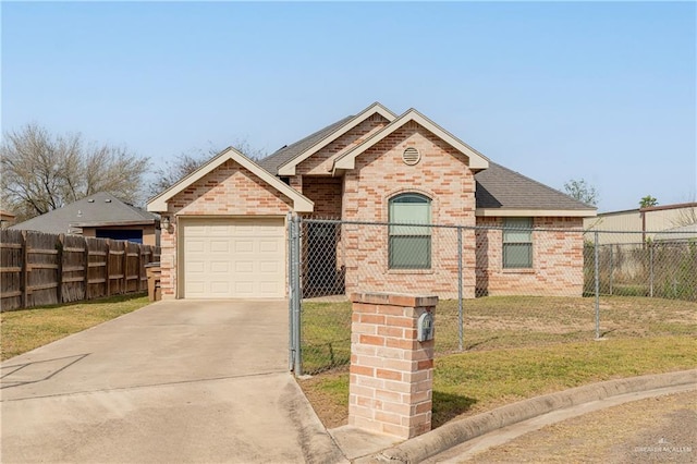 view of front of house with concrete driveway, brick siding, a front lawn, and fence