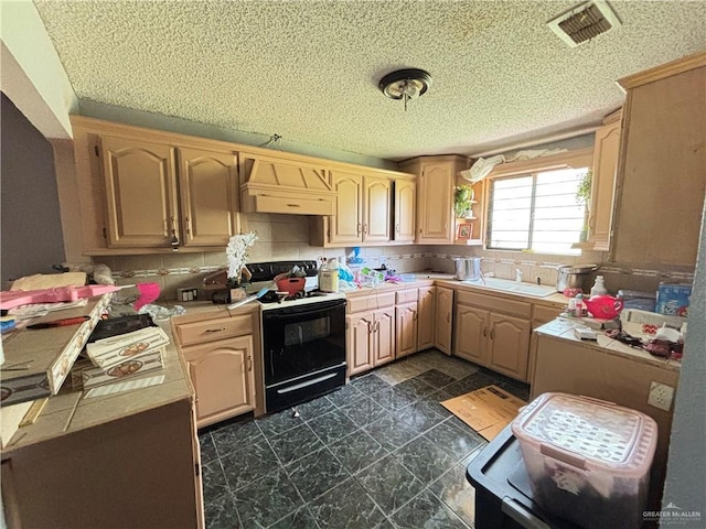 7221 S San Joaquin St, Pharr, TX 78577 - kitchen featuring tile counters, a textured ceiling, electric range, visible vents, and a sink
