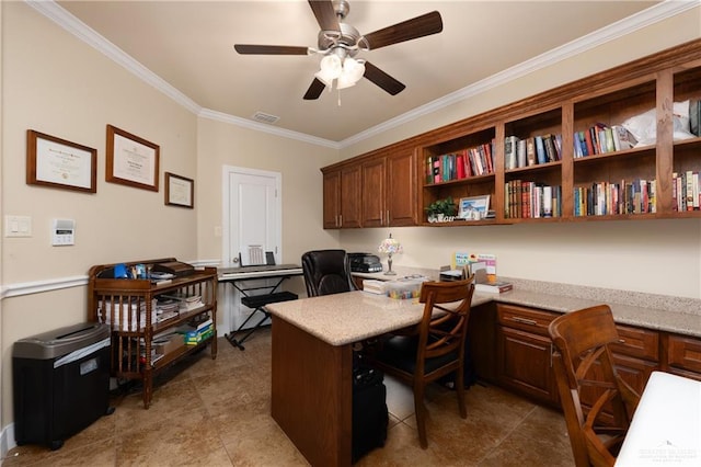 4230 Stillwater Cv, Edinburg, TX 78542 - office with visible vents, built in desk, a ceiling fan, tile patterned flooring, and ornamental molding