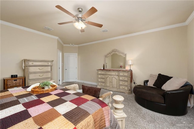 4230 Stillwater Cv, Edinburg, TX 78542 - carpeted bedroom with visible vents, crown molding, baseboards, and a ceiling fan