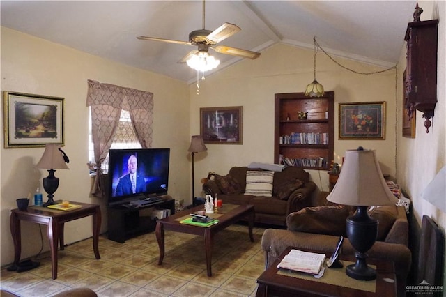 living room featuring ceiling fan and lofted ceiling