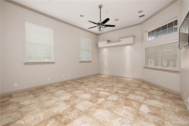 spare room featuring ceiling fan and ornamental molding