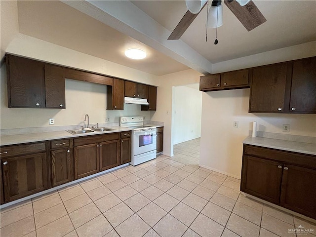 kitchen with sink, ceiling fan, light tile patterned floors, white electric range oven, and dark brown cabinets