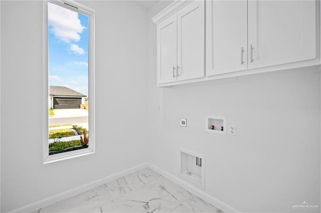 clothes washing area with washer hookup, marble finish floor, cabinet space, hookup for an electric dryer, and baseboards