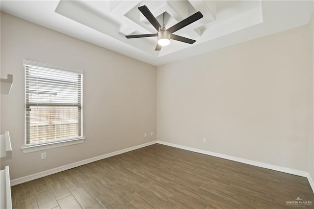 5013 Nevis Dr, Edinburg, TX 78539 - spare room featuring a ceiling fan, wood finished floors, baseboards, and a raised ceiling