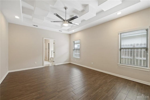 5013 Nevis Dr, Edinburg, TX 78539 - unfurnished room with coffered ceiling, ceiling fan, dark wood finished floors, recessed lighting, and baseboards
