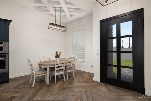 3524 Inez St, Edinburg, TX 78539 - dining space featuring coffered ceiling, a chandelier, and beamed ceiling