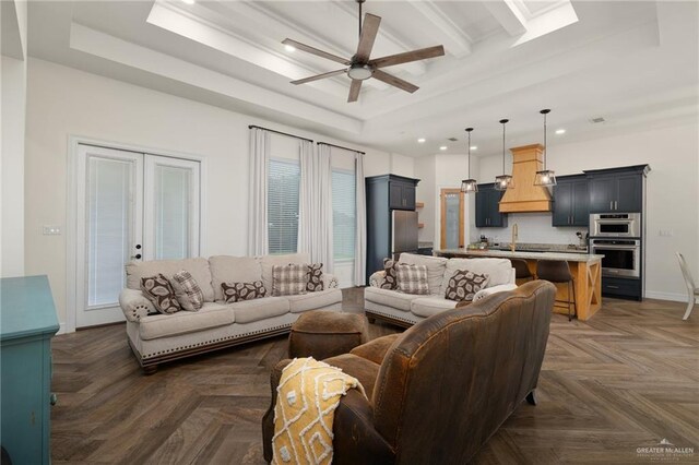 3524 Inez St, Edinburg, TX 78539 - living room with a tray ceiling, a ceiling fan, recessed lighting, and french doors