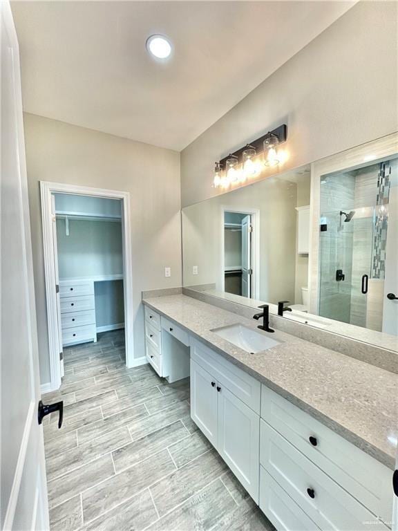 bathroom with vanity, an enclosed shower, and toilet