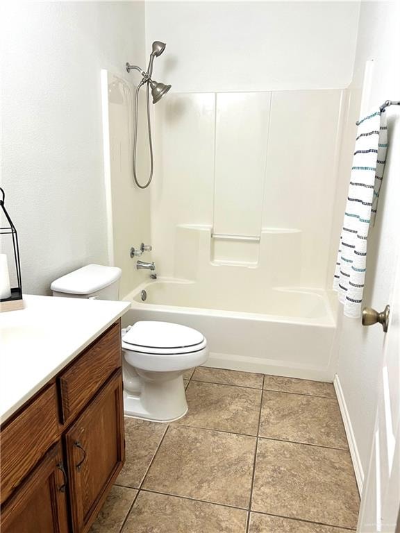 full bathroom featuring shower / bathing tub combination, vanity, toilet, and tile patterned flooring