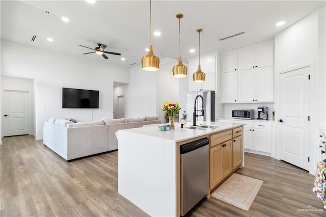 7423 Converse Lk, Brownsville, TX 78520 - kitchen featuring appliances with stainless steel finishes, a sink, wood finished floors, a ceiling fan, and recessed lighting