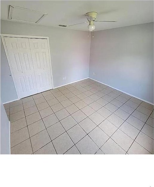 unfurnished bedroom featuring a ceiling fan, a closet, and visible vents