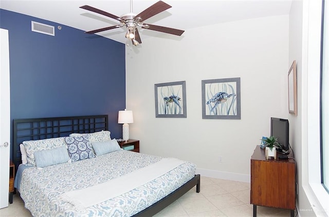 bedroom featuring visible vents, ceiling fan, and baseboards