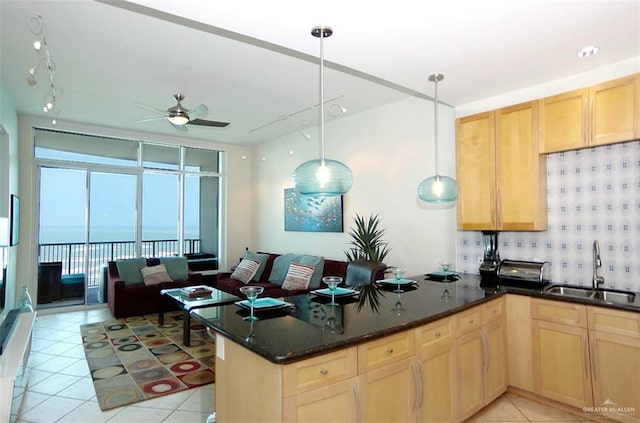 kitchen with light brown cabinetry, rail lighting, and a sink
