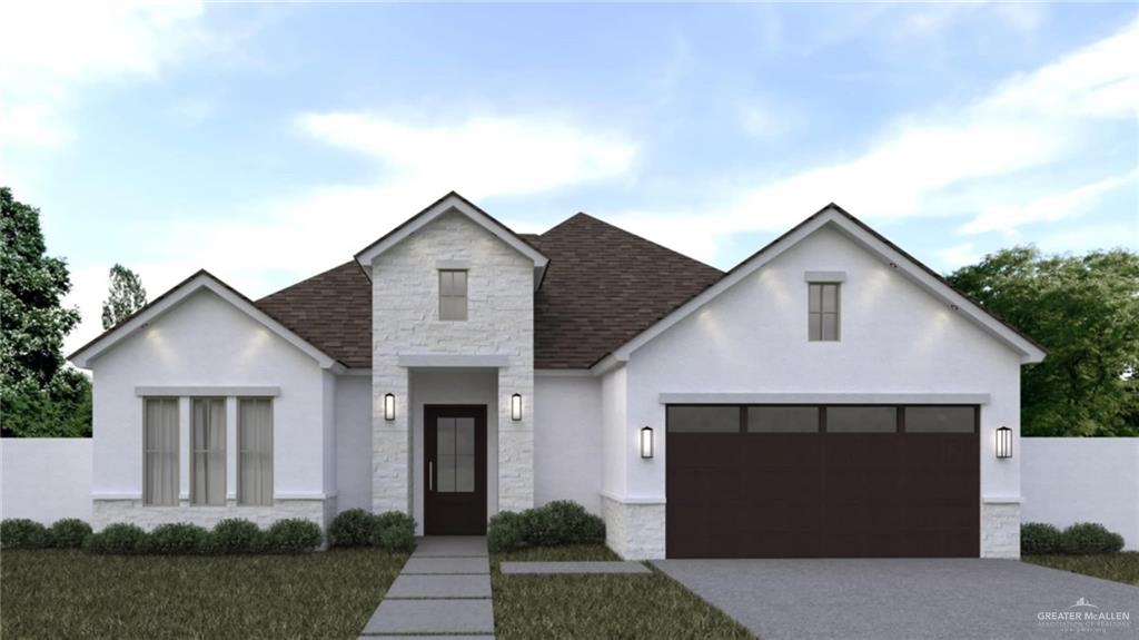 8106 N 48th Ln, Mcallen, TX 78504 - view of front facade with stone siding, a garage, stucco siding, concrete driveway, and roof with shingles