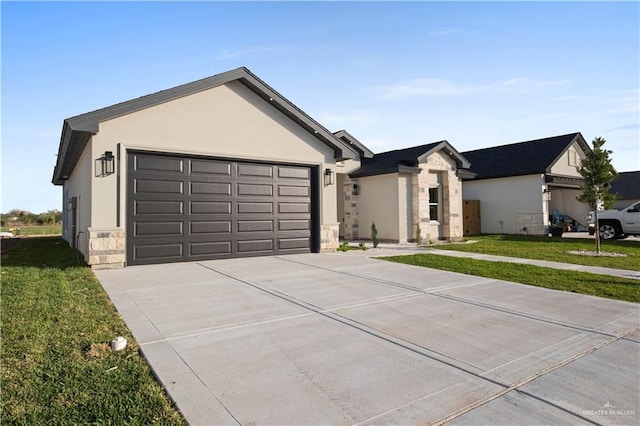 ranch-style home with a garage and a front yard