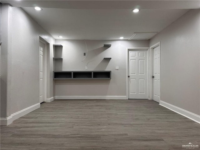 basement with wood-type flooring