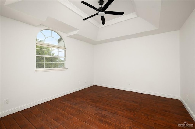 empty room with a raised ceiling, ceiling fan, and dark hardwood / wood-style flooring