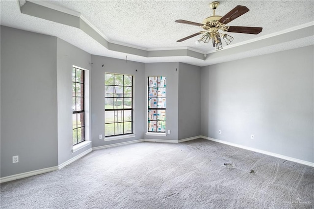 spare room with carpet flooring, ceiling fan, crown molding, a textured ceiling, and a tray ceiling